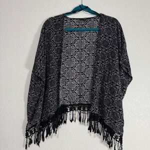 Papaya Womens M Black White‎ Geometric Print Kimono Cardigan Fringe Boho